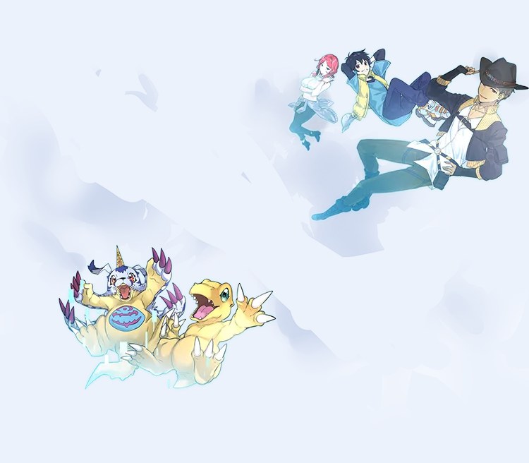 DIGIMON ALYSION main visual with characters and Agumon.